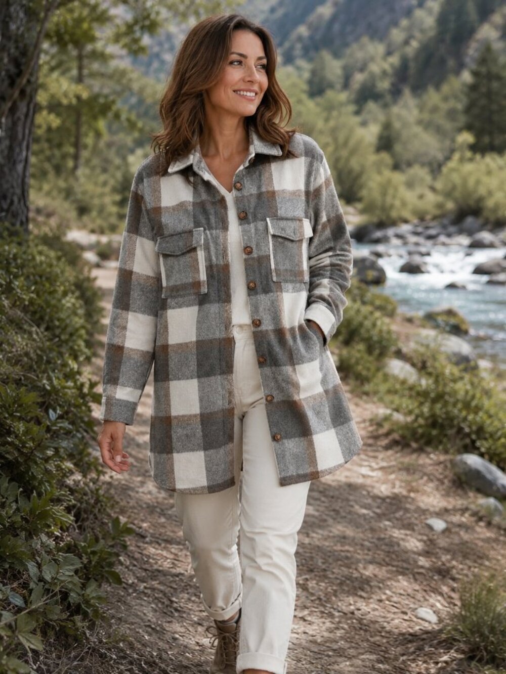 Plaid Button-Up Shacket in Cream, Brown & Gray